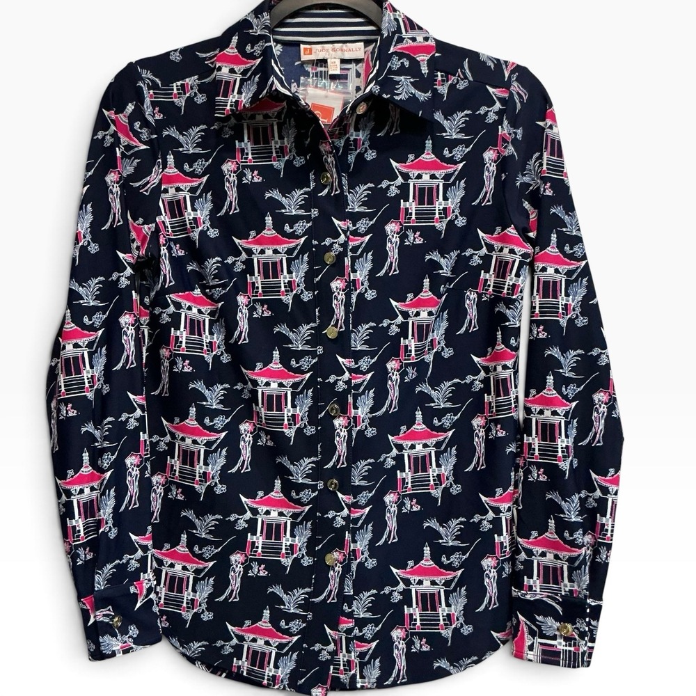 Jude Connally Jayden Pagoda Toile Gold Button Shirt Chinoiserie XS NWT